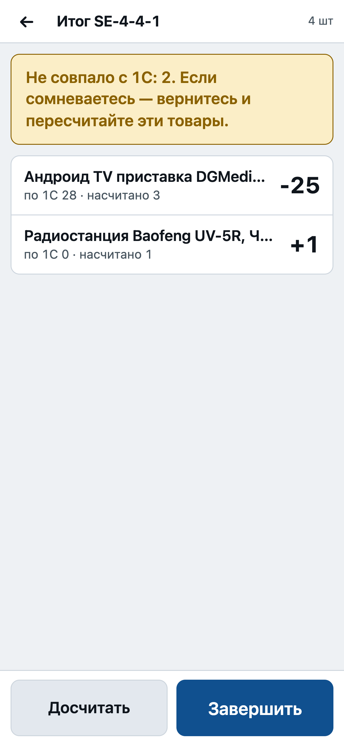 Итог пересчёта с расхождениями